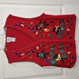 Nutcracker cotton button-up embroidered sequin teddy bear vest -L -Christmas red